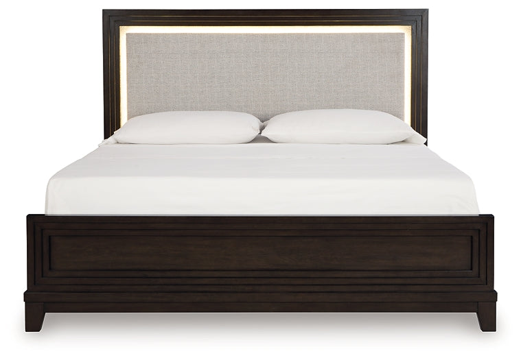 Neymorton California King Upholstered Panel Bed with Mirrored Dresser, Chest and 2 Nightstands