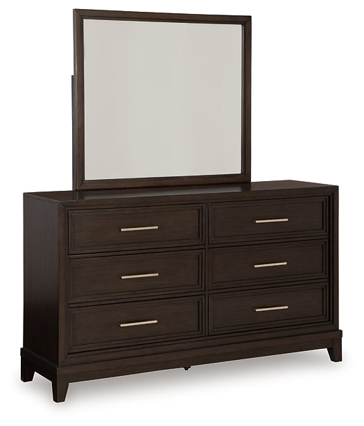 Neymorton California King Upholstered Panel Bed with Mirrored Dresser and Nightstand