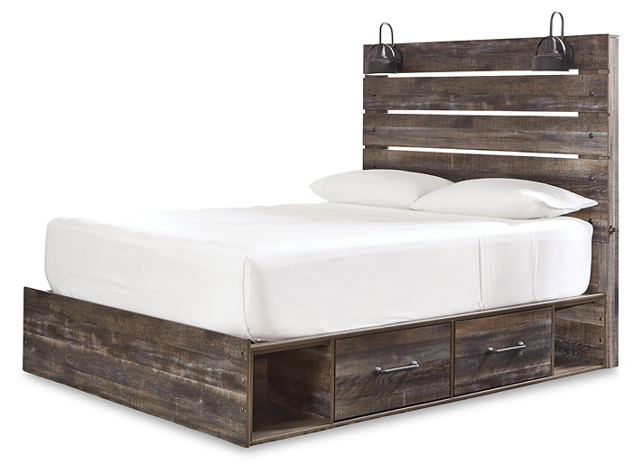 Drystan Queen Panel Bed with 2 Storage Drawers with Mirrored Dresser, Chest and 2 Nightstands