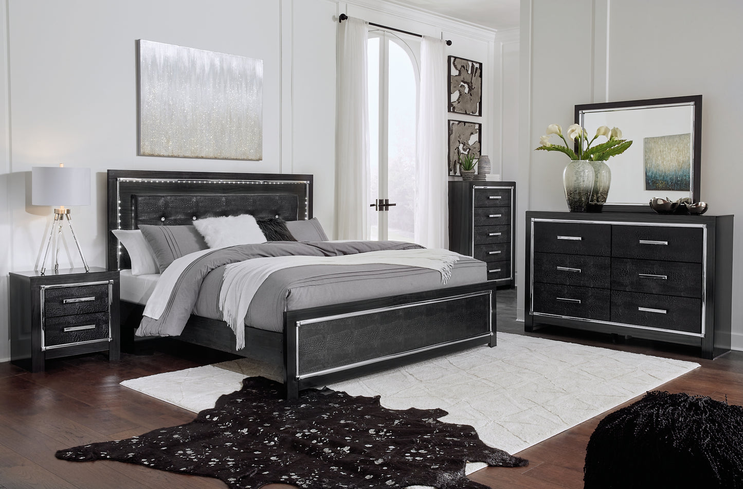 Kaydell King/California King Upholstered Panel Headboard with Mirrored Dresser and 2 Nightstands