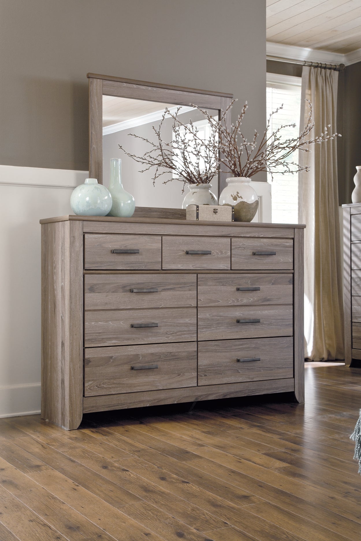 Zelen Full Panel Bed with Mirrored Dresser