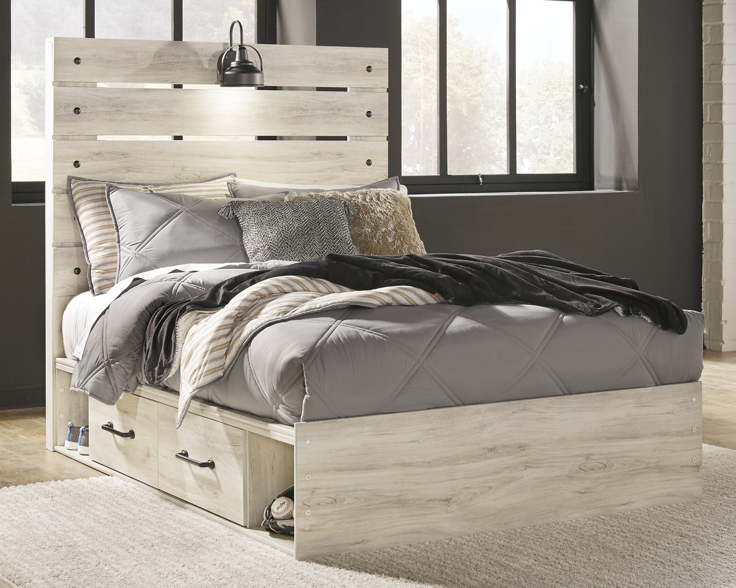 Cambeck Full Panel Bed with 4 Storage Drawers with Mirrored Dresser and 2 Nightstands