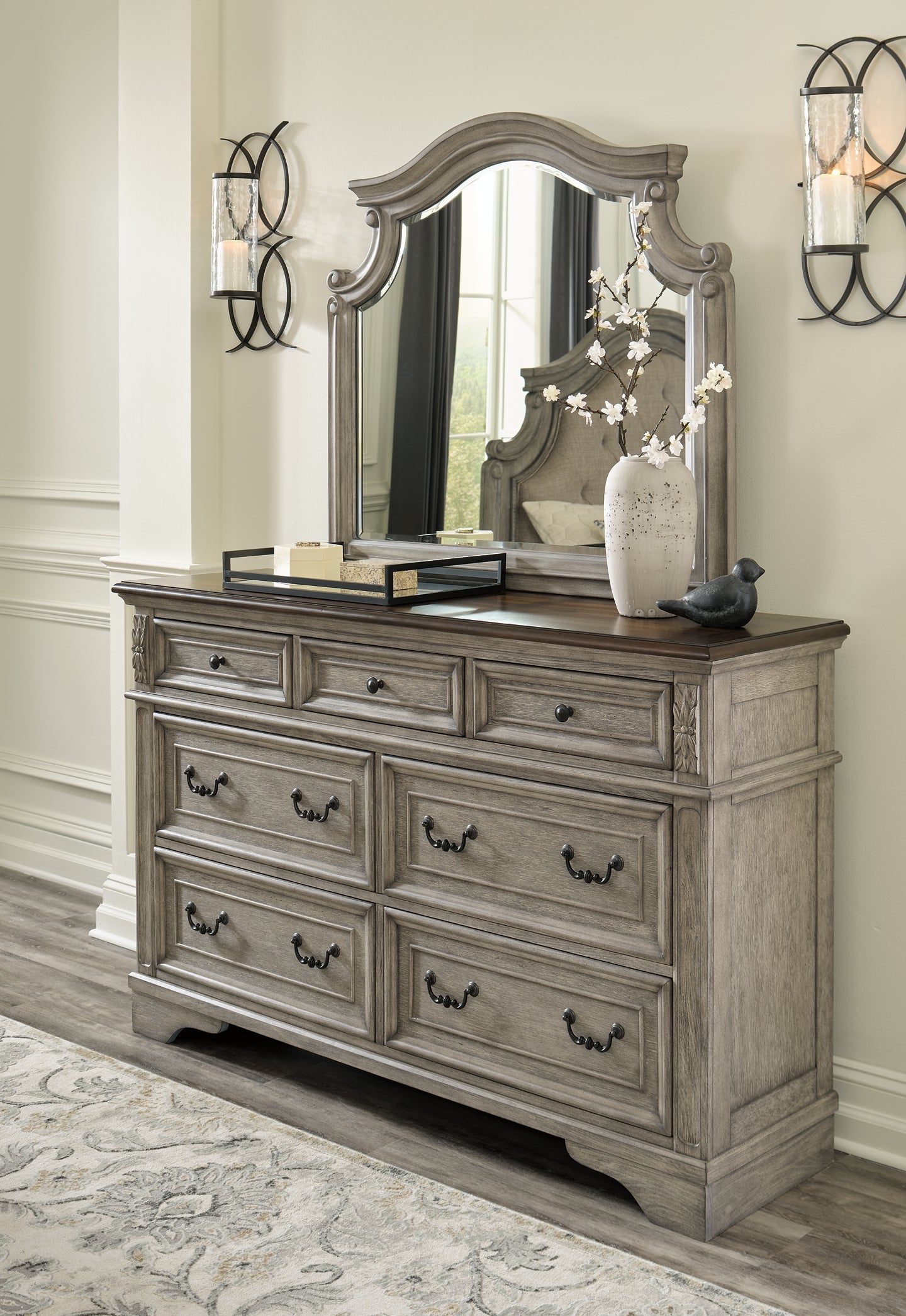 Lodenbay California King Panel Bed with Mirrored Dresser and Chest