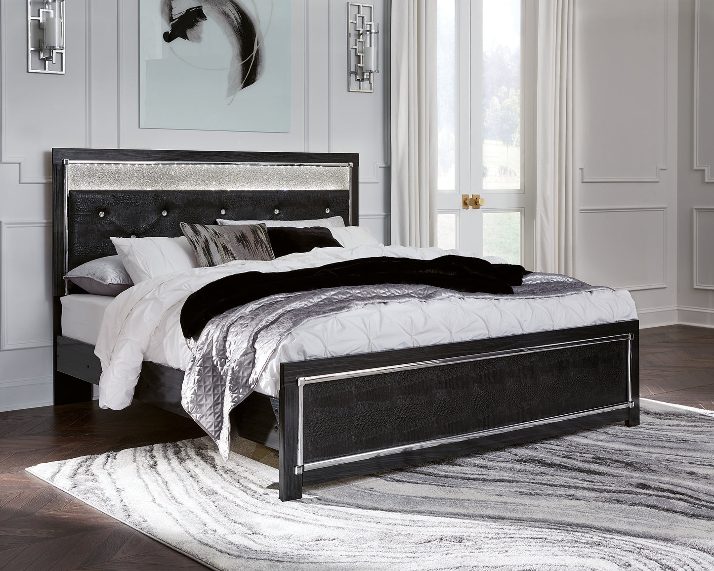 Kaydell King Upholstered Panel Platform Bed with Mirrored Dresser and 2 Nightstands